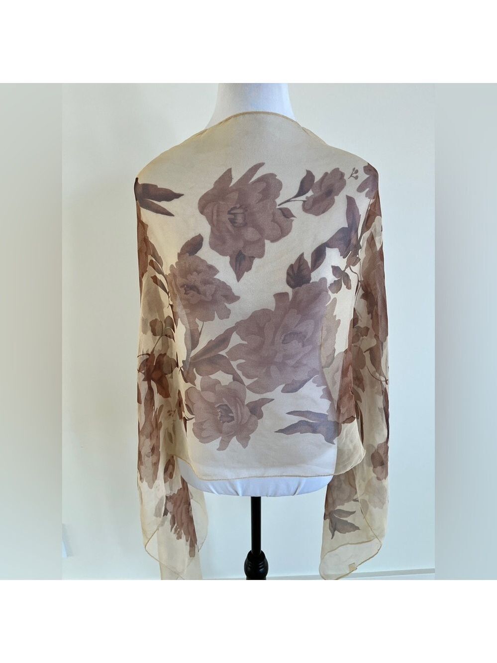 SCARF 100% Silk Sheer Oversized Oblong Floral Autumn Neutral Coastal Flowy Chic